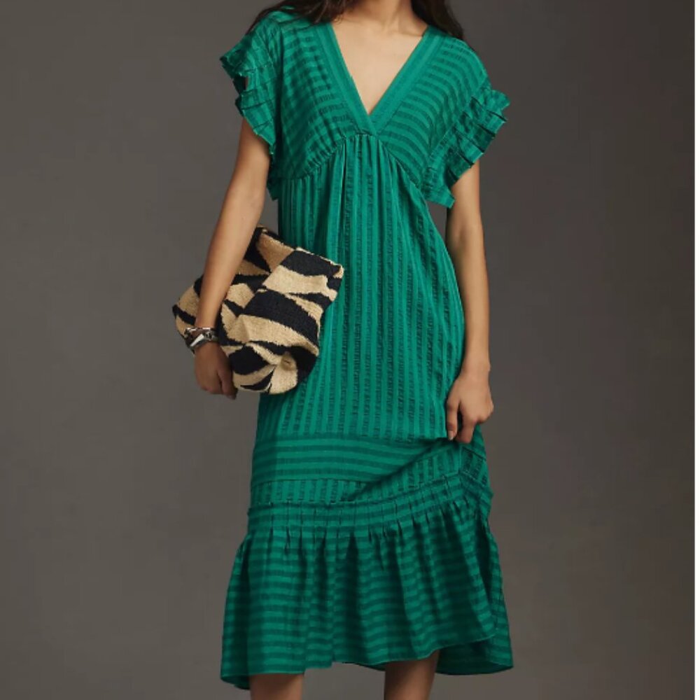 Anthropologie Flutter Sleeve V-Neck Green Midi Dress Sz Small